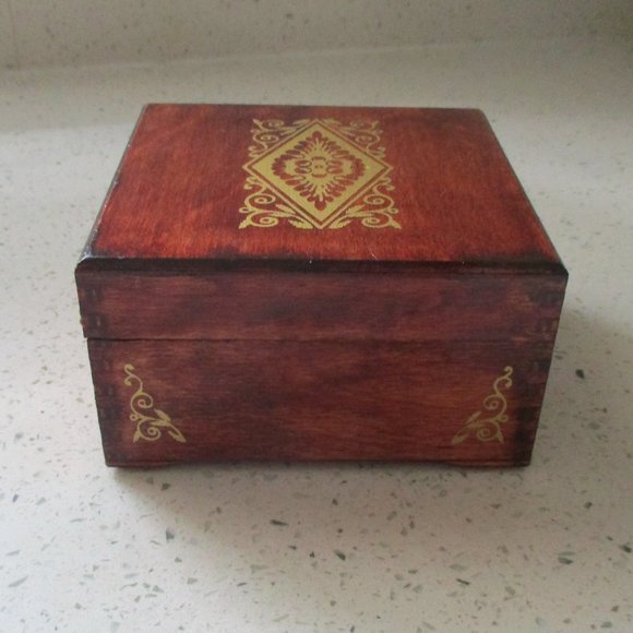 Wooden Trinket Jewelry Box w/ Gold Painted Design - Picture 3 of 7